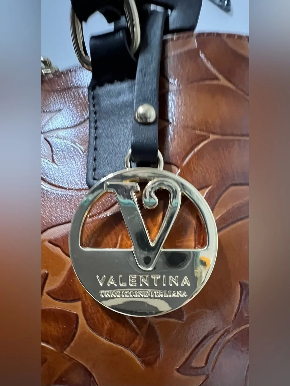 Valentina Italian Leather Cognac Embossed Floral Top Handle Satchel Bag